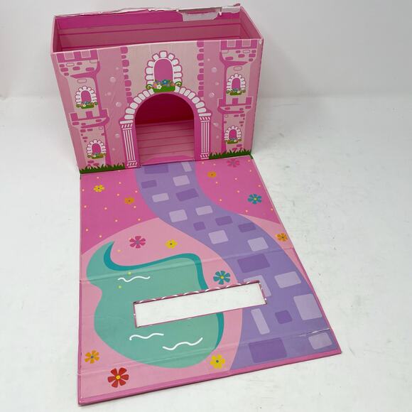 USED Pink Foldaway Unicorn Castle With 10 Wooden Figurines - Picture 3 of 8